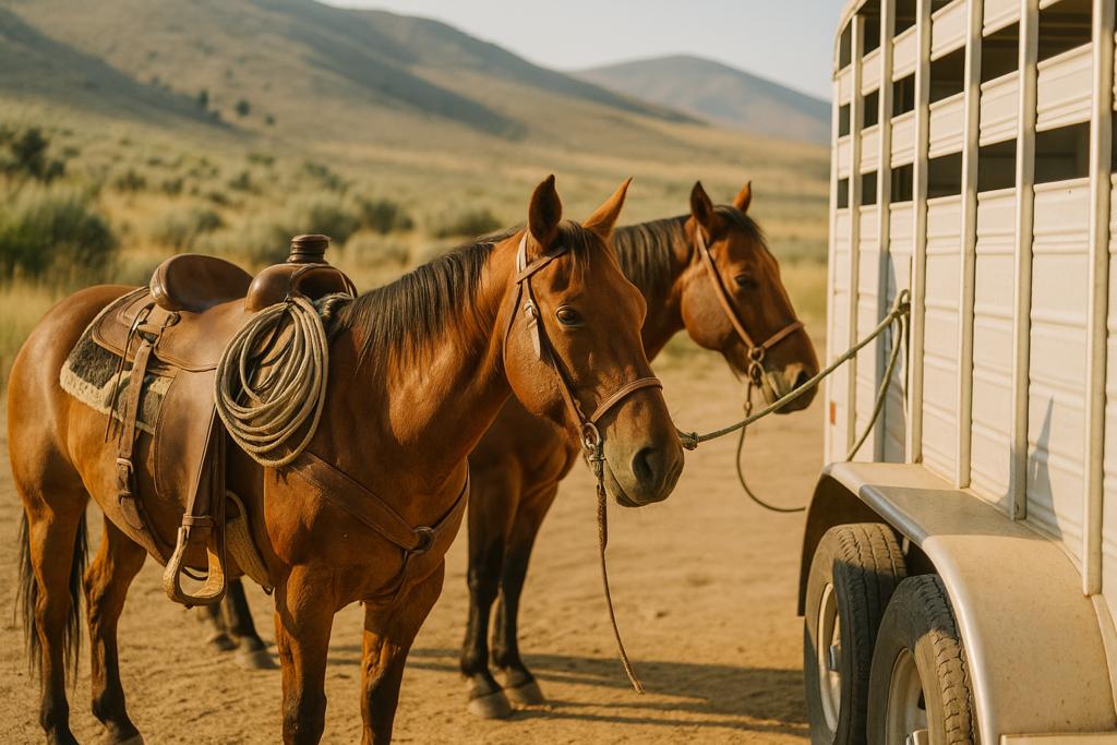 Two saddled ranch horses tied to a stock trailer at a Montana trailhead with sagebrush foothills in the background on a summer morning