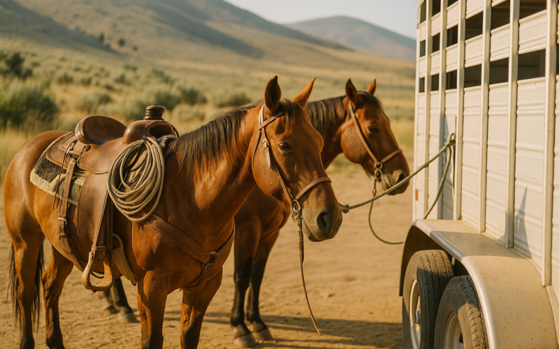 Two saddled ranch horses tied to a stock trailer at a Montana trailhead with sagebrush foothills in the background on a summer morning