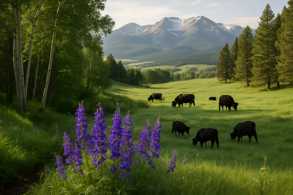 Purple flowering larkspur in a Montana foothill draw with cattle grazing green grass and mountains behind