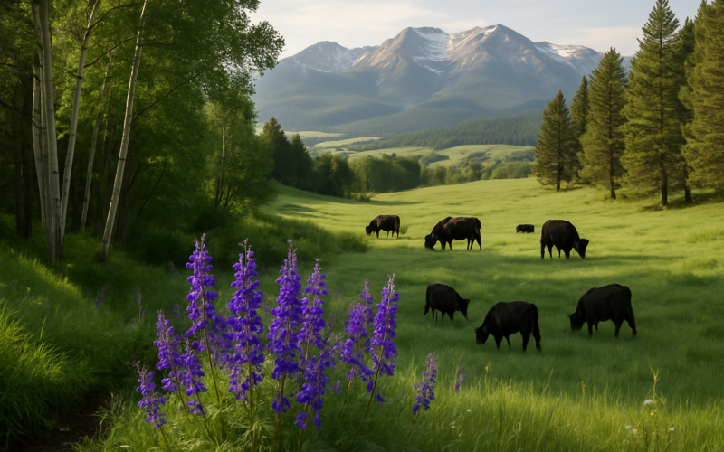 Purple flowering larkspur in a Montana foothill draw with cattle grazing green grass and mountains behind