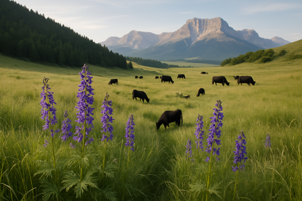 Blue-flowered tall larkspur growing in a green draw on Montana foothill range with cattle grazing beyond and mountains in the distance
