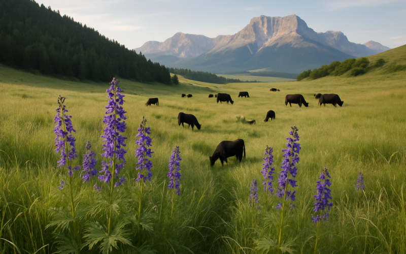 Blue-flowered tall larkspur growing in a green draw on Montana foothill range with cattle grazing beyond and mountains in the distance