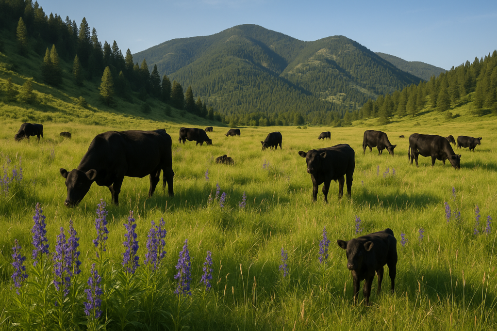 Black cattle grazing a green Montana foothill pasture with tall purple-flowering larkspur plants in the foreground below timbered mountain slopes