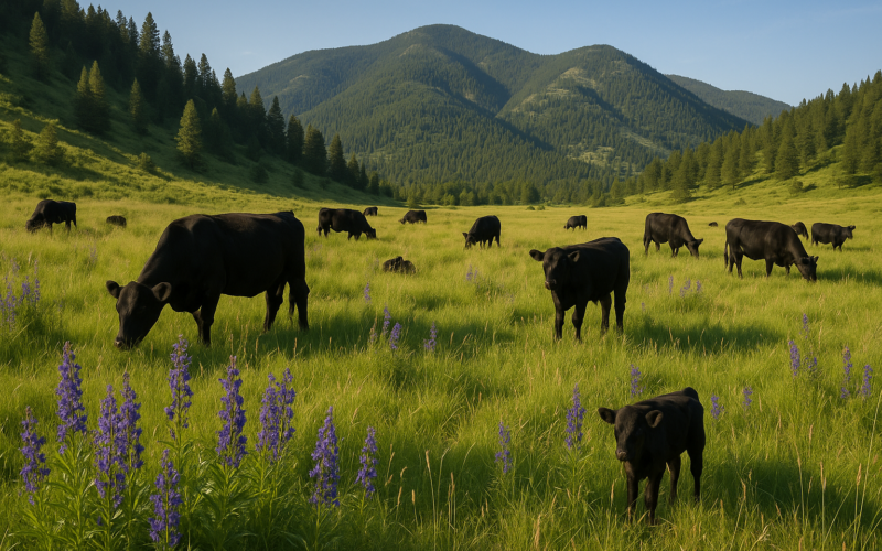 Black cattle grazing a green Montana foothill pasture with tall purple-flowering larkspur plants in the foreground below timbered mountain slopes