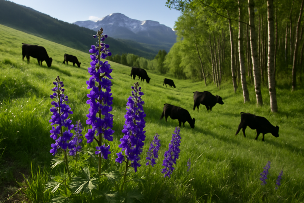 Tall purple larkspur blooming on a green Montana foothill slope with black cattle grazing below