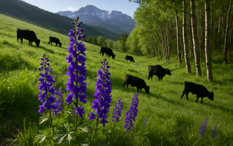 Tall purple larkspur blooming on a green Montana foothill slope with black cattle grazing below
