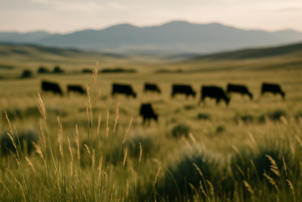 Cattle grazing spread across a green Montana foothill rangeland with grass seed heads in the foreground and mountains behind