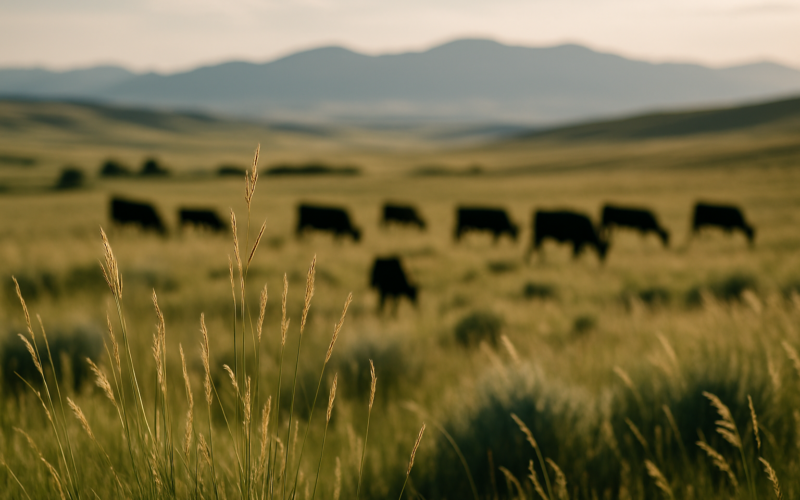 Cattle grazing spread across a green Montana foothill rangeland with grass seed heads in the foreground and mountains behind