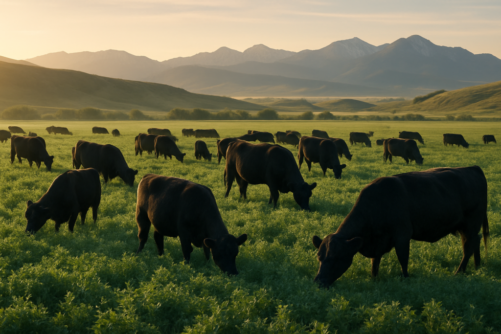 Black cattle grazing a lush green irrigated alfalfa pasture on a Montana ranch in early morning light with foothills behind