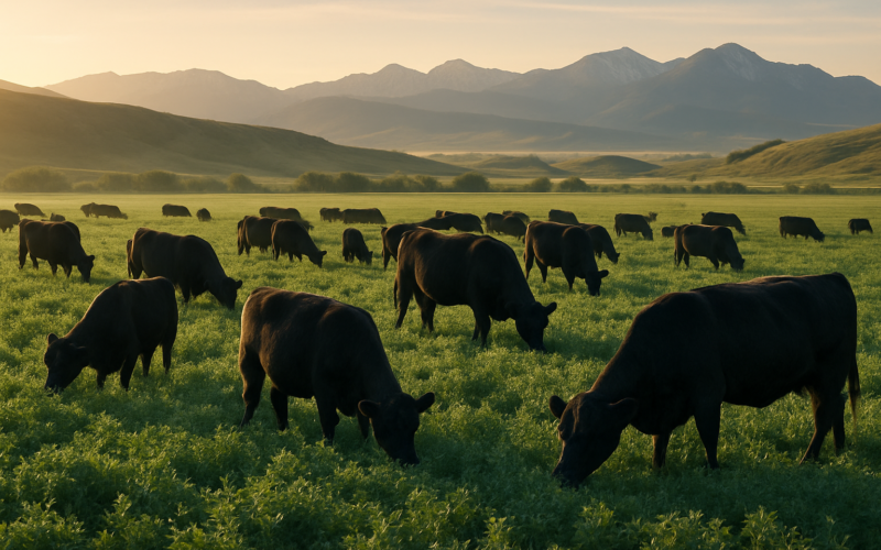 Black cattle grazing a lush green irrigated alfalfa pasture on a Montana ranch in early morning light with foothills behind