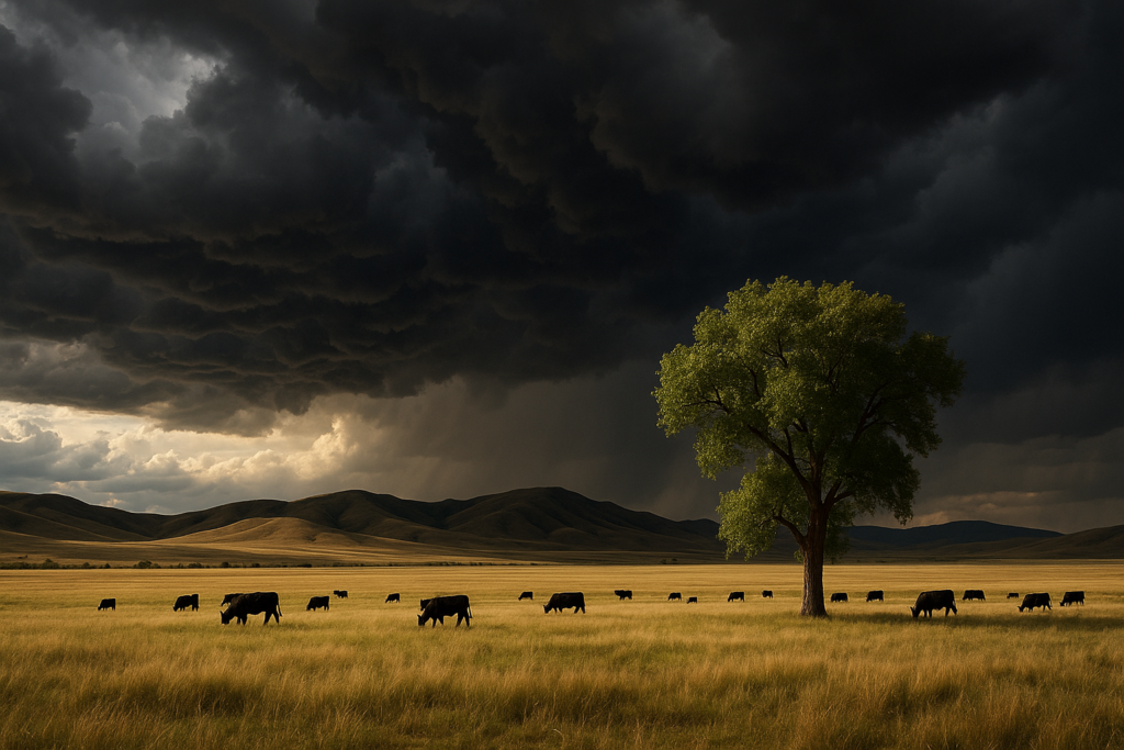 Black cattle grazing on open Montana rangeland beneath a building summer thunderstorm with a lone cottonwood tree on the flat