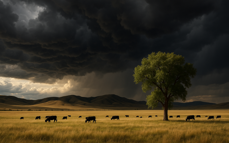 Black cattle grazing on open Montana rangeland beneath a building summer thunderstorm with a lone cottonwood tree on the flat