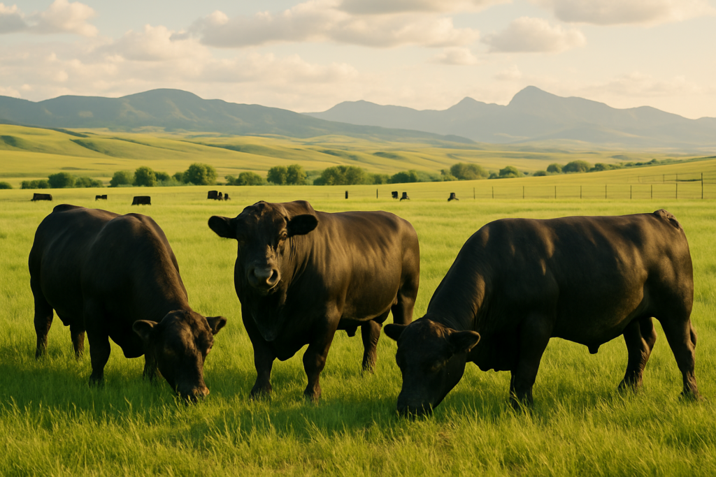 Black bulls grazing on green summer pasture with cows in the distance and Montana foothills behind a fence line