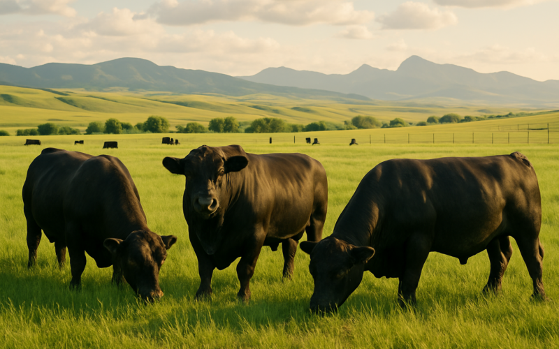 Black bulls grazing on green summer pasture with cows in the distance and Montana foothills behind a fence line