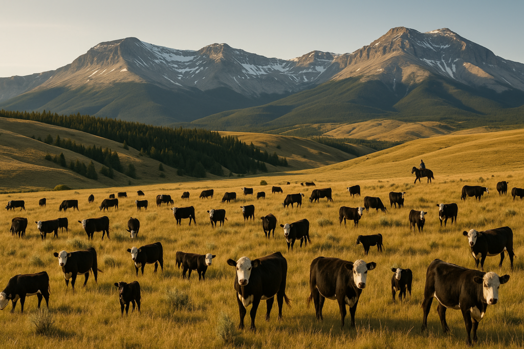 Cattle grazing summer foothill range along the Montana Rocky Mountain Front with timbered draws and mountains behind them at sunrise