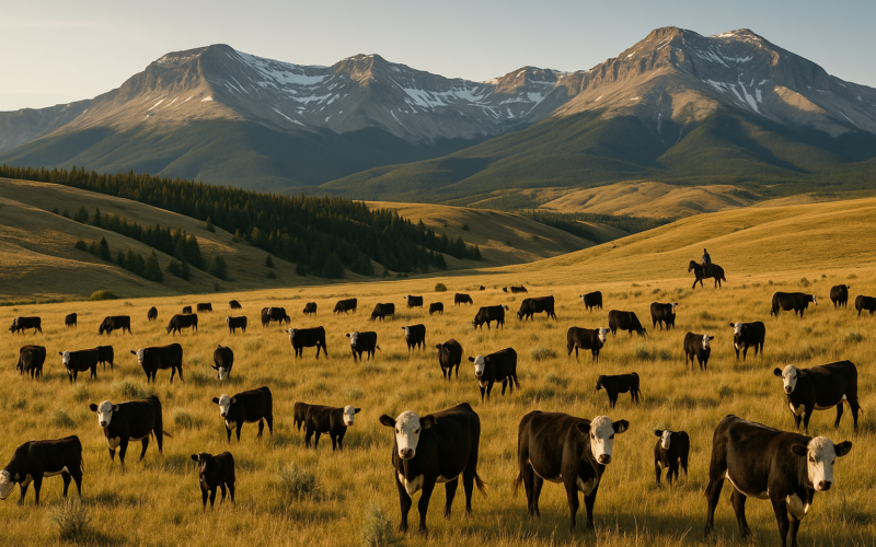 Cattle grazing summer foothill range along the Montana Rocky Mountain Front with timbered draws and mountains behind them at sunrise