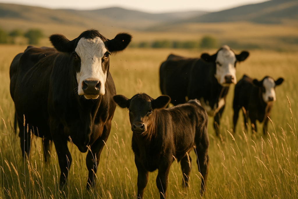 Cow-calf pairs grazing through tall headed-out summer grass on Montana rangeland in golden evening light