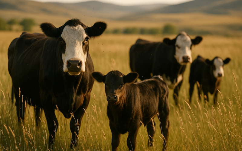 Cow-calf pairs grazing through tall headed-out summer grass on Montana rangeland in golden evening light