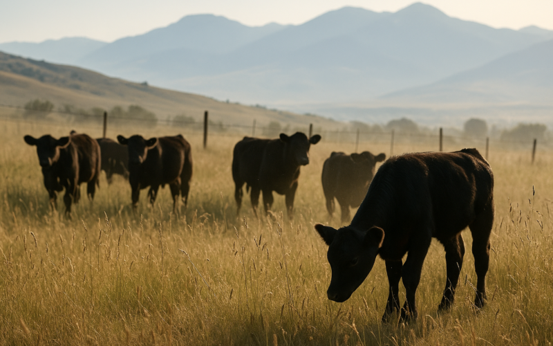 Black calves grazing tall seeded-out grass on a Montana foothill pasture in early summer, one calf standing apart with its head down