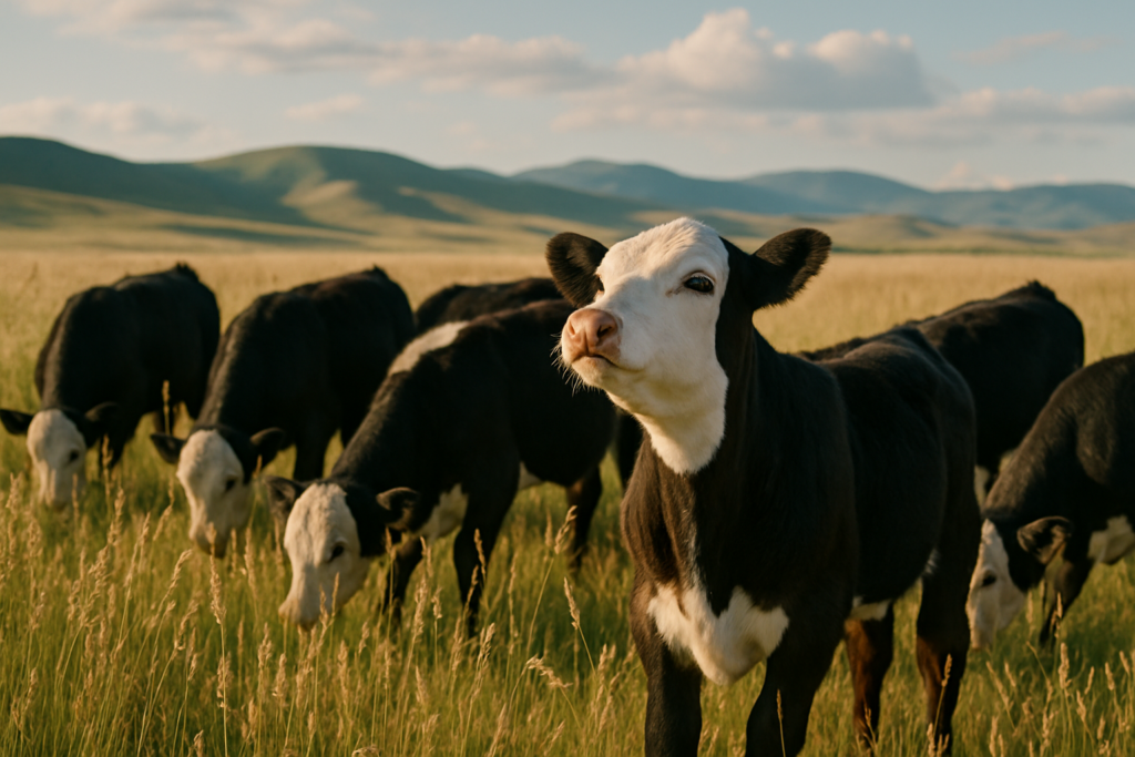 Beef calves grazing headed-out summer grass on a Montana foothill pasture in early morning light