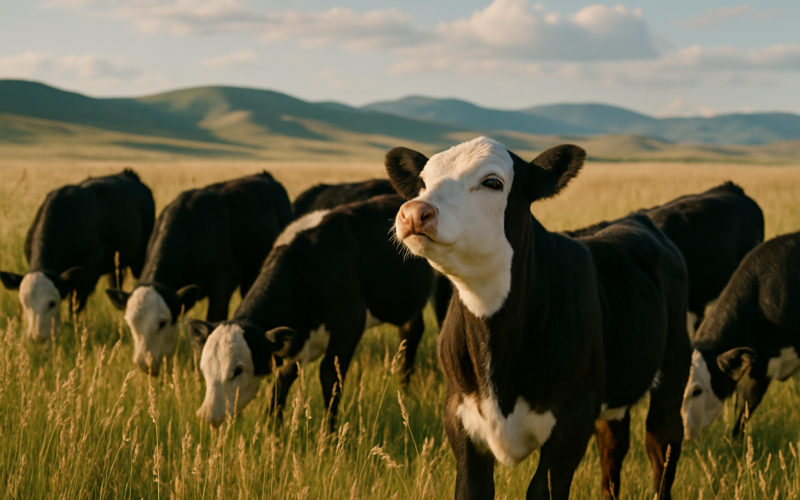 Beef calves grazing headed-out summer grass on a Montana foothill pasture in early morning light