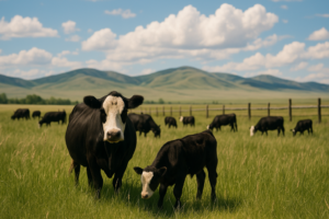 Black baldy cow-calf pairs grazing tall green summer grass on a Montana foothill pasture under a wide open sky