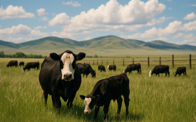 Black baldy cow-calf pairs grazing tall green summer grass on a Montana foothill pasture under a wide open sky