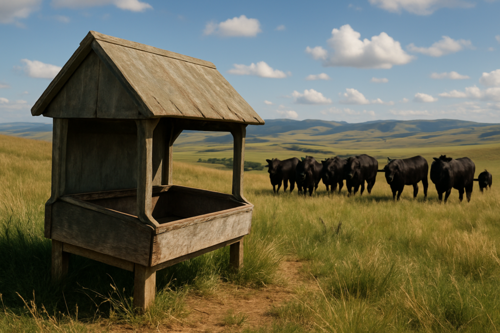 A covered mineral feeder on a grassy ridge with black cattle grazing across open Montana summer rangeland under a wide sky