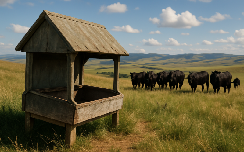 A covered mineral feeder on a grassy ridge with black cattle grazing across open Montana summer rangeland under a wide sky