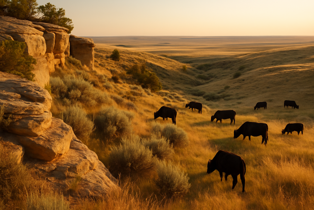 Black cattle grazing among sagebrush and rocky rimrock on Montana summer range in evening light