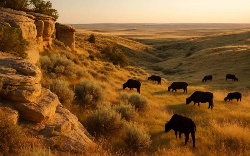 Black cattle grazing among sagebrush and rocky rimrock on Montana summer range in evening light