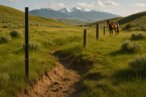 A barbed wire fence crossing green Montana rangeland with a sagging section near a creek and a saddled horse tied nearby