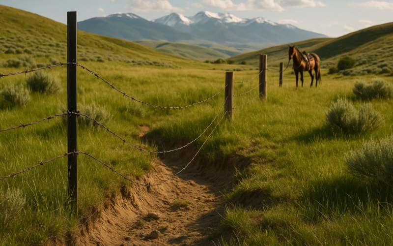 A barbed wire fence crossing green Montana rangeland with a sagging section near a creek and a saddled horse tied nearby