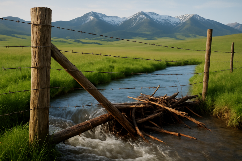 A barbed wire fence and water gap crossing a swollen foothill creek on Montana summer range in early June