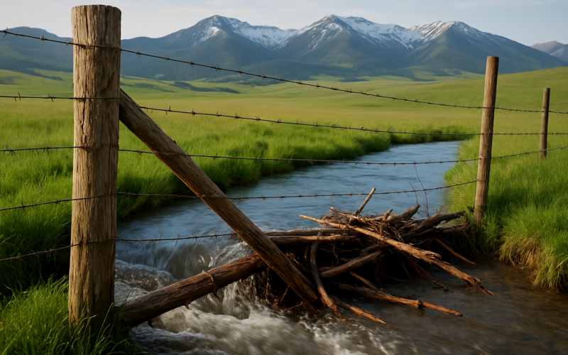 A barbed wire fence and water gap crossing a swollen foothill creek on Montana summer range in early June