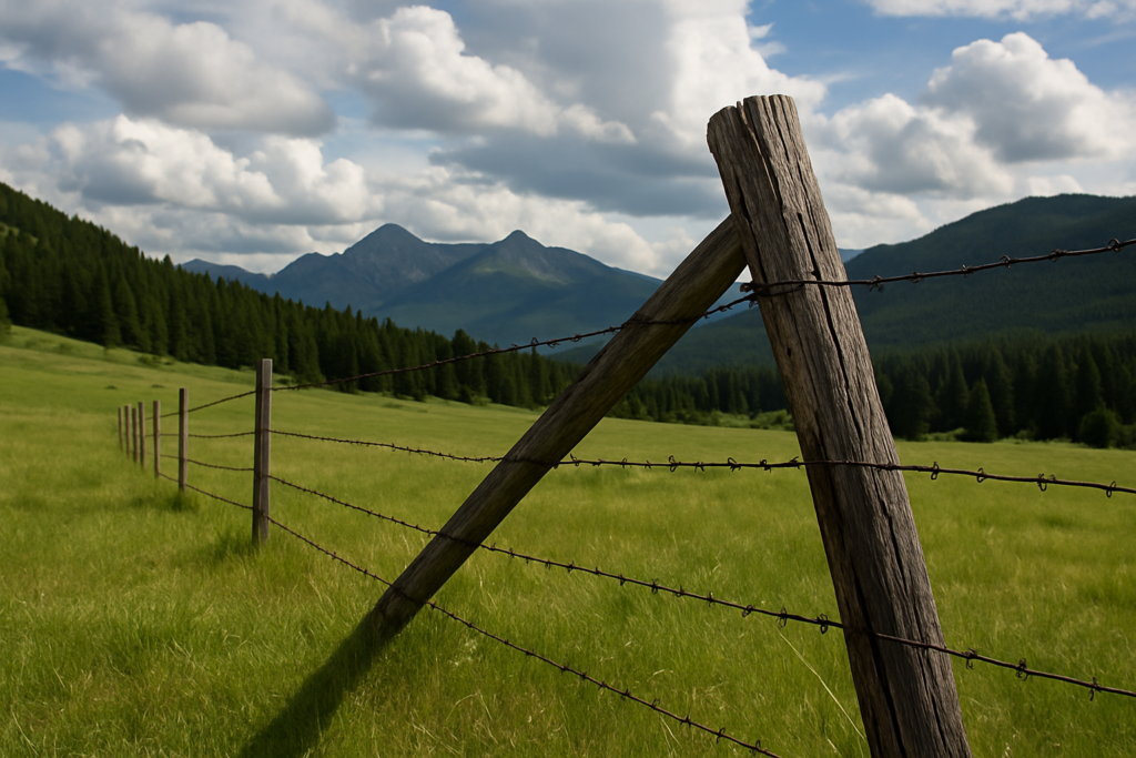 A barbed wire fence line with a leaning corner post crossing a green Montana foothill pasture toward timber and distant mountains