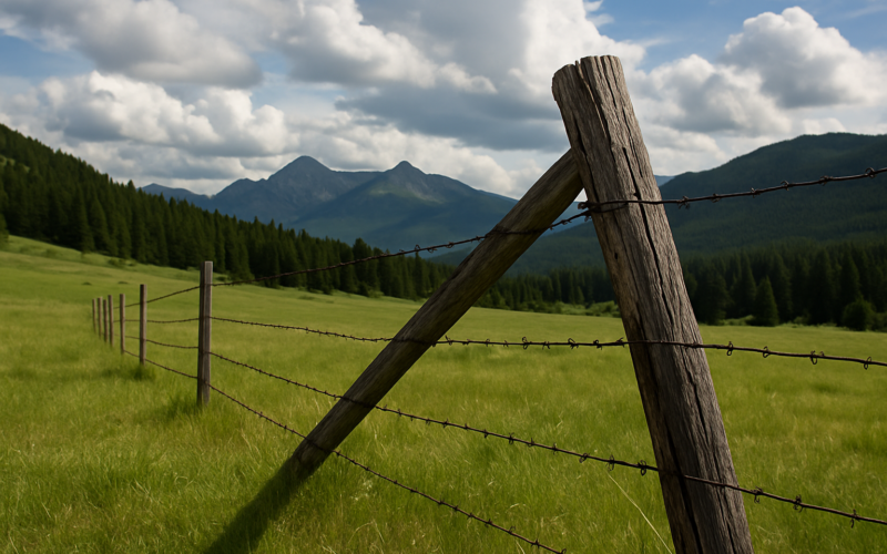 A barbed wire fence line with a leaning corner post crossing a green Montana foothill pasture toward timber and distant mountains