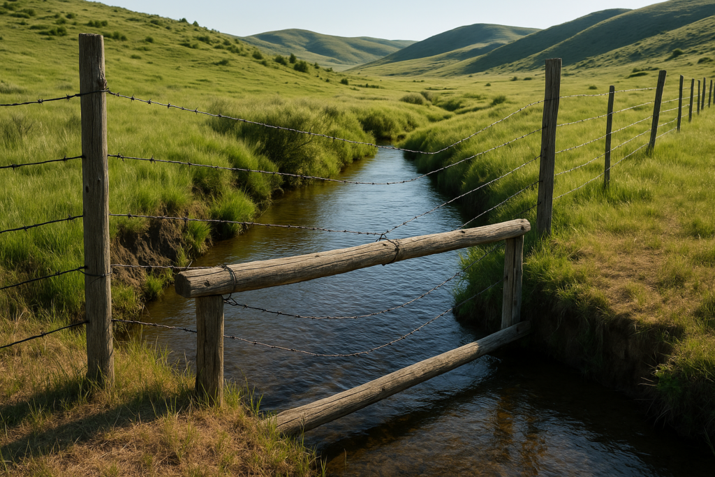 A barbed wire fence and wooden water gap crossing a running creek on Montana summer range in early June