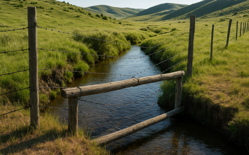A barbed wire fence and wooden water gap crossing a running creek on Montana summer range in early June