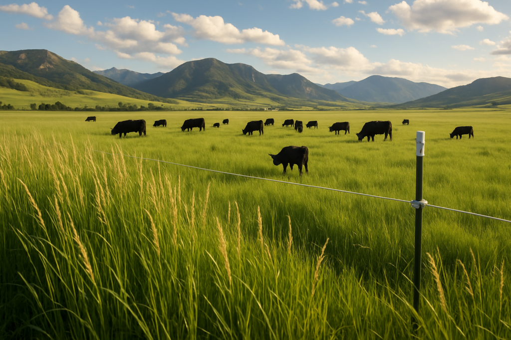 A single strand of temporary electric fence divides a green Montana foothill pasture where cattle graze, with mountains in the background