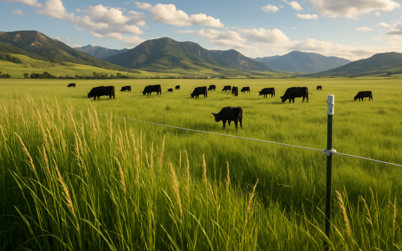 A single strand of temporary electric fence divides a green Montana foothill pasture where cattle graze, with mountains in the background