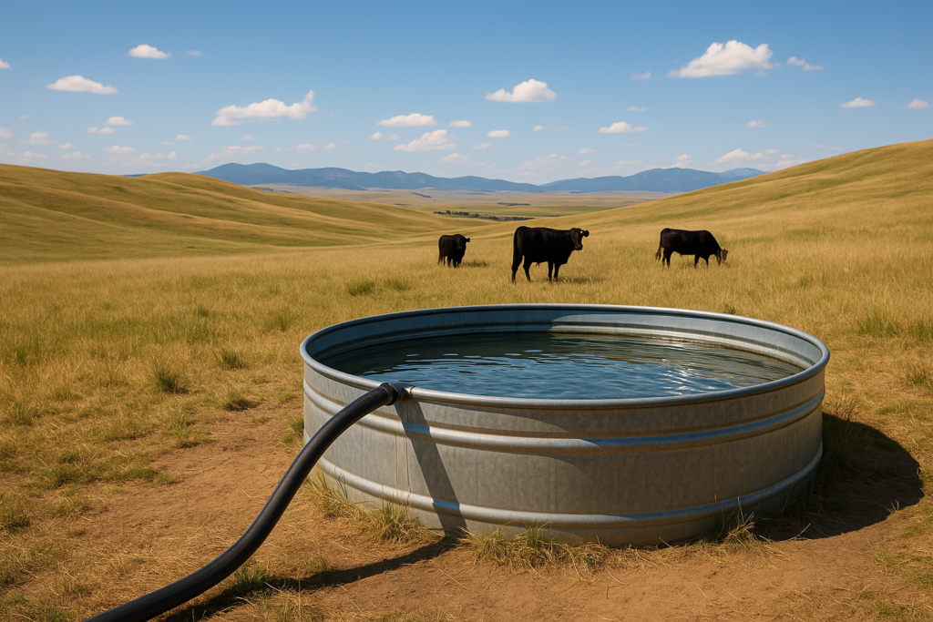 A galvanized stock tank fed by a pipeline on Montana summer range with cattle grazing in the distance