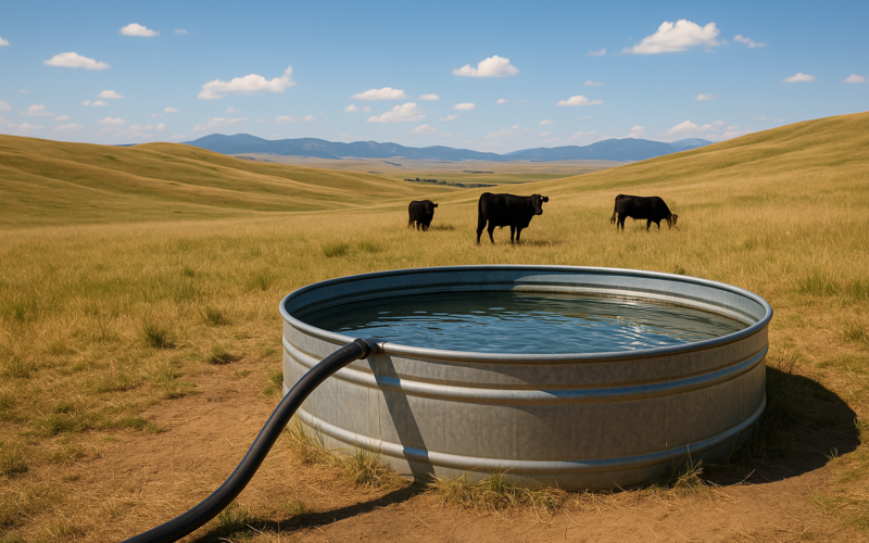 A galvanized stock tank fed by a pipeline on Montana summer range with cattle grazing in the distance