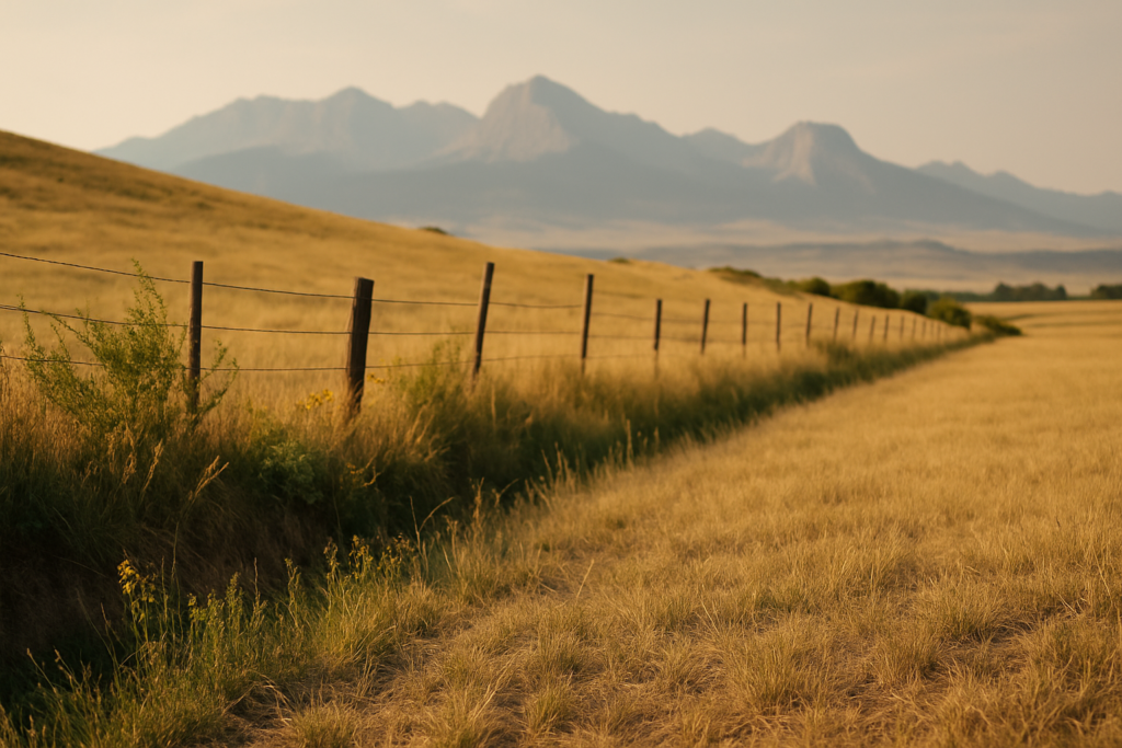 Dry mid-June Montana rangeland with a weedy fenceline where grasshoppers hatch, foothills and mountains in the distance