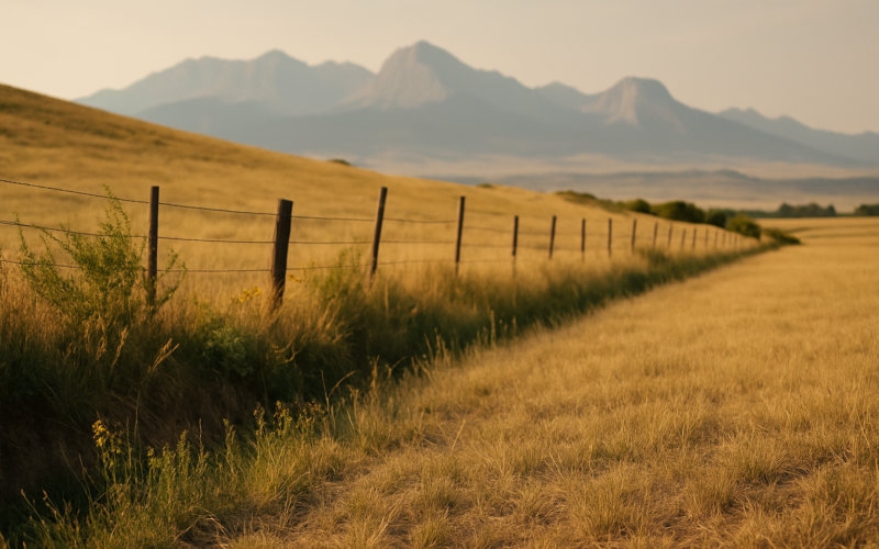 Dry mid-June Montana rangeland with a weedy fenceline where grasshoppers hatch, foothills and mountains in the distance
