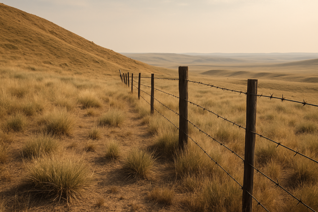 Dry Montana rangeland along a barbed wire fence in early summer, the kind of grassy edge where grasshopper nymphs concentrate