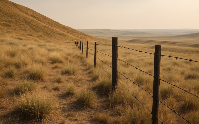 Dry Montana rangeland along a barbed wire fence in early summer, the kind of grassy edge where grasshopper nymphs concentrate
