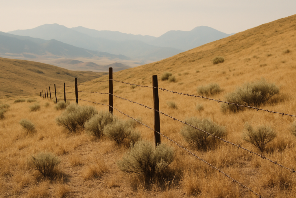 Dry Montana foothill rangeland along a barbed wire fence line in early summer, the kind of ground where grasshoppers hatch