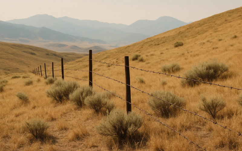 Dry Montana foothill rangeland along a barbed wire fence line in early summer, the kind of ground where grasshoppers hatch