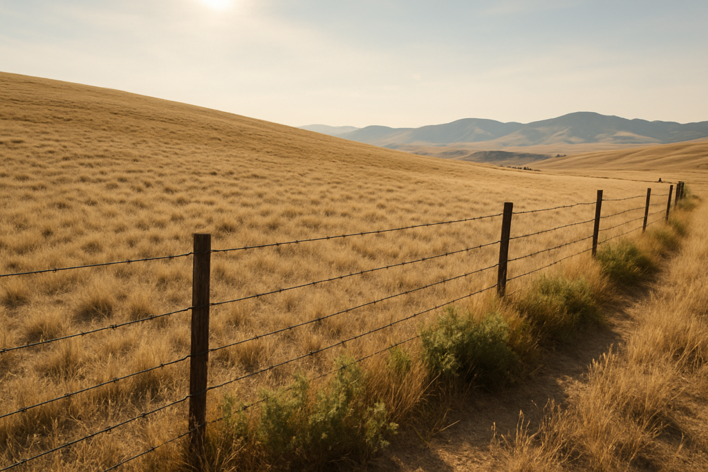 Dry short-grass Montana rangeland on a south-facing slope with a fenceline and weedy ditch, foothills in the distance under a summer sky